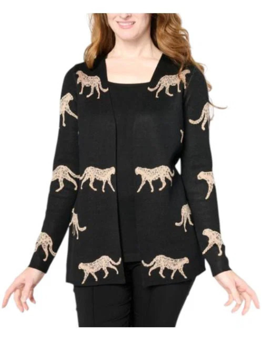 Nina Leonard Women's Twofer Jacquard Knit Sweater Black Tossed Cheetah - Regular